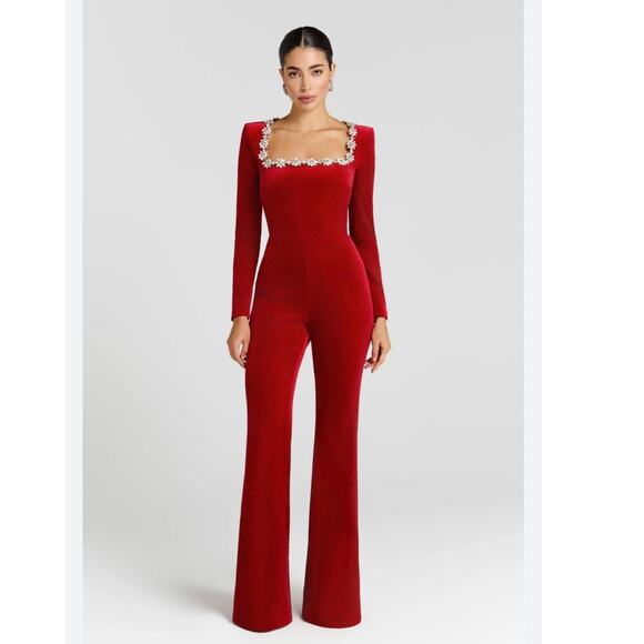 Nadine Merabi Kimberly Jewel-Embellished Velvet Jumpsuit in Red Size XL - Picture 7 of 8